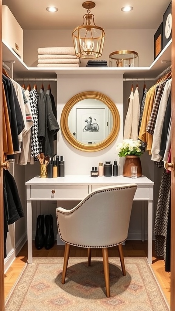 Cozy walk-in closet featuring a dressing table with a mirror, chair, and organized beauty products.