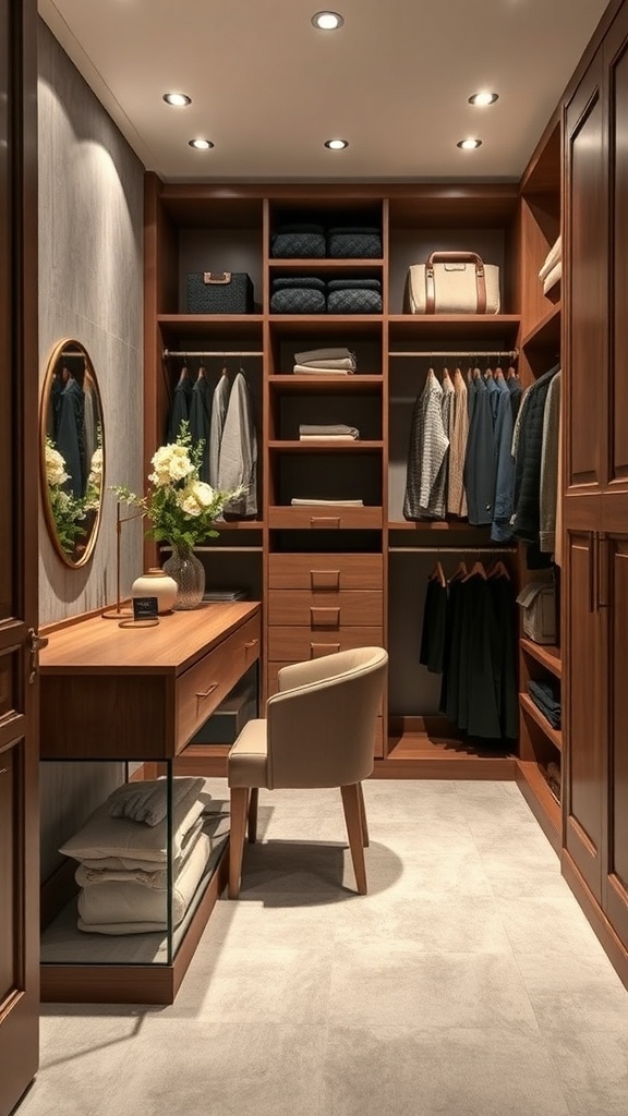 A cozy walk-in closet featuring a wooden dressing table, a comfortable chair, and neatly organized shelves.