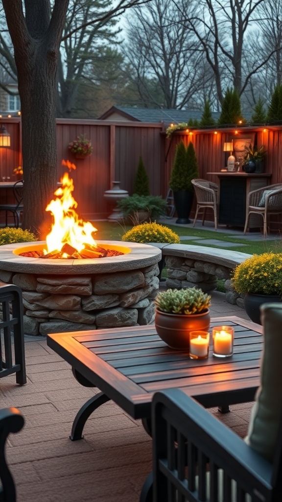 A cozy outdoor setting featuring a stone fire pit surrounded by seating, with candles and plants nearby.