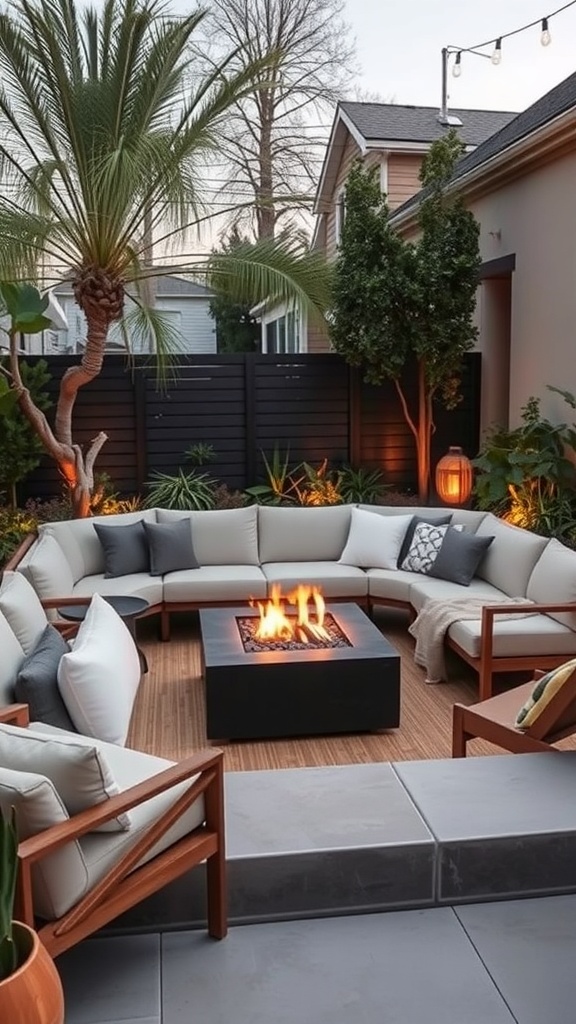 A cozy sunken lounge area featuring a circular seating arrangement around a modern fire pit, surrounded by plants and soft lighting.