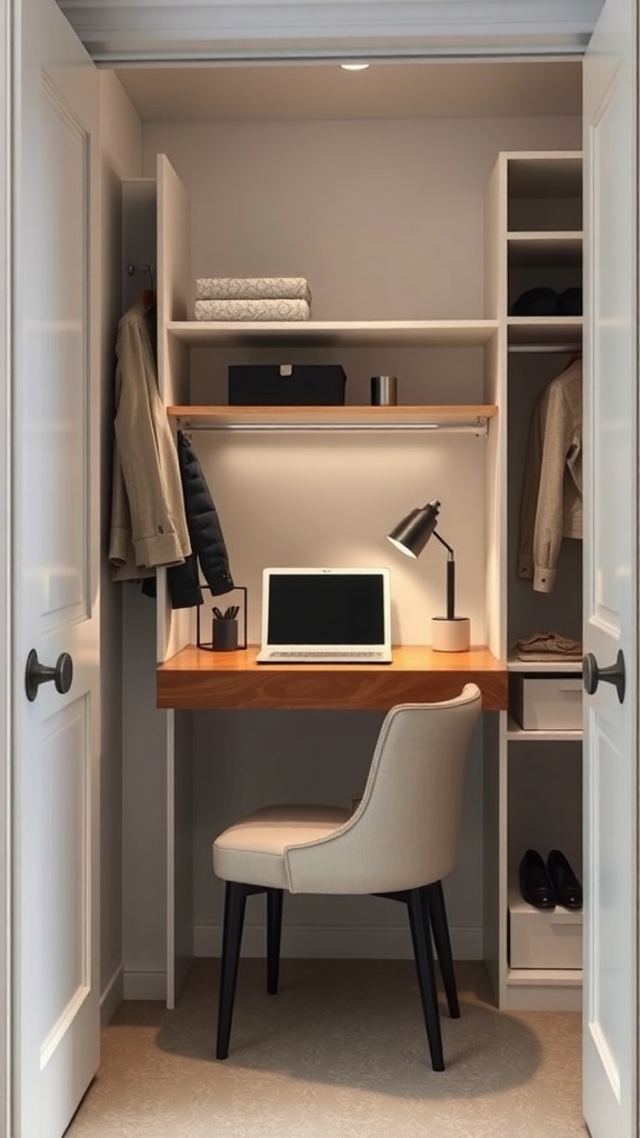 A small closet with a fold-down desk, laptop, and organized shelves.
