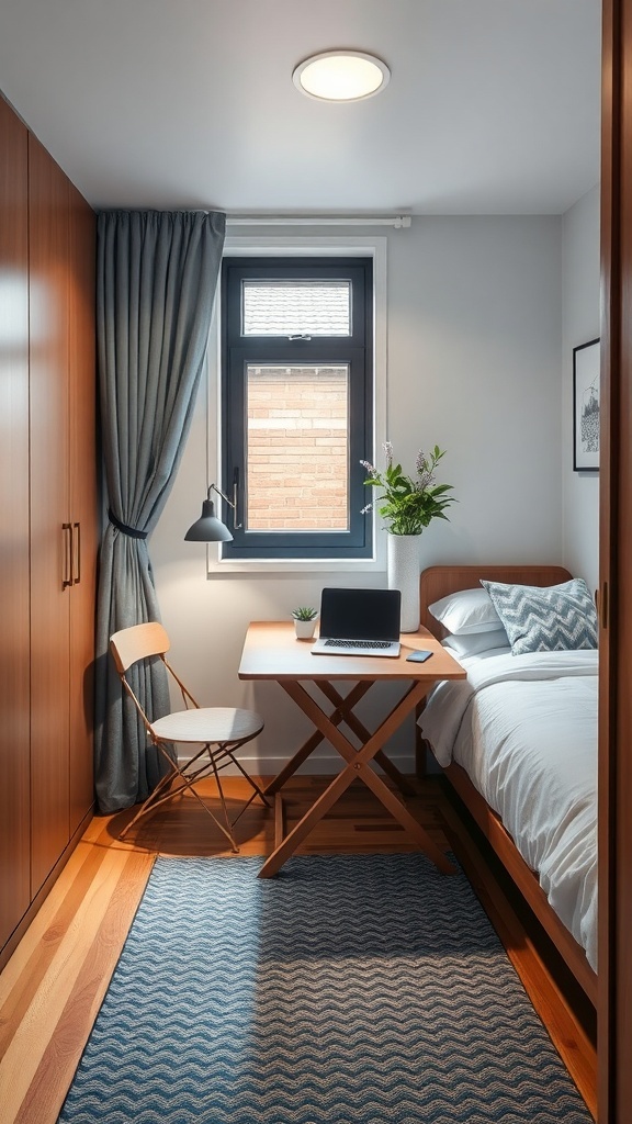 Cozy small bedroom with a foldable table, plants, and natural light