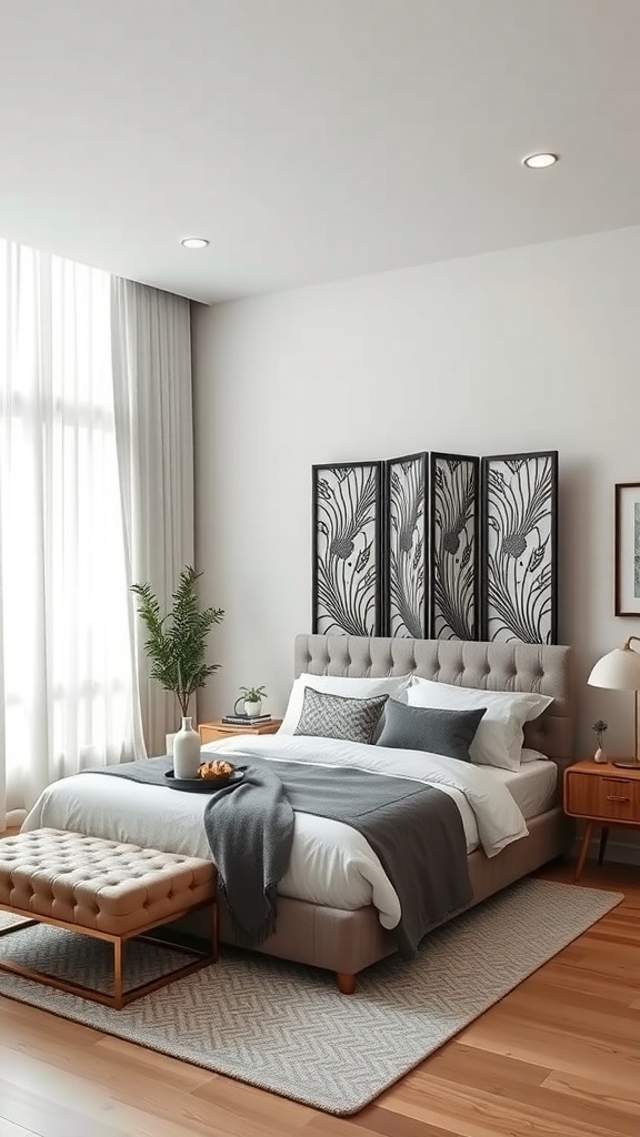 A cozy bedroom featuring a stylish folding screen behind the bed, creating a defined space.
