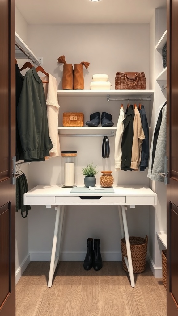 A small closet featuring a folding table, clothes, and storage baskets.
