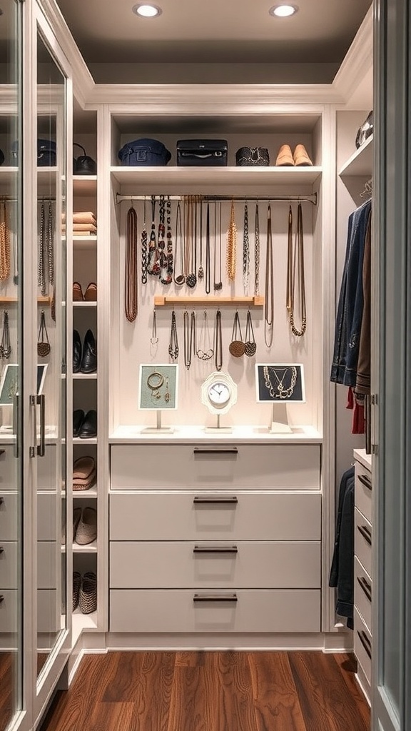 A well-organized jewelry display area in a walk-in closet with necklaces hanging, earrings on display, and storage drawers.