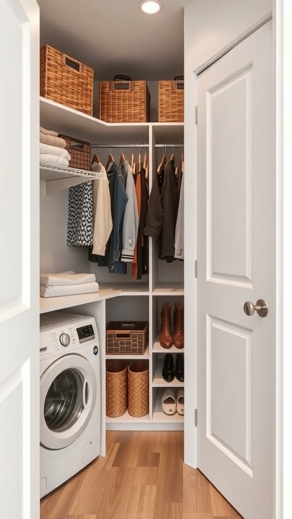 A well-organized walk-in closet featuring a laundry area with a washing machine, shelves, and storage baskets.