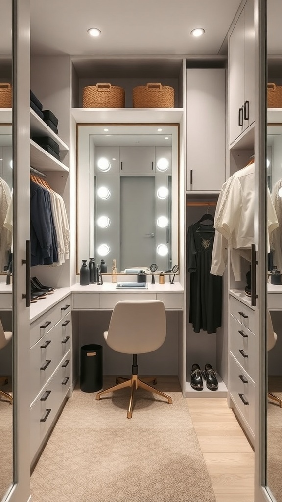 A stylish personal styling station in a walk-in closet featuring a mirror with lights, a chair, and organized storage.
