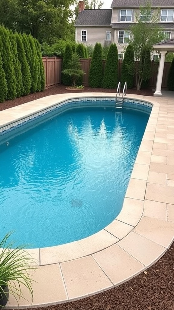 A sunken above ground pool surrounded by greenery and a patio area.