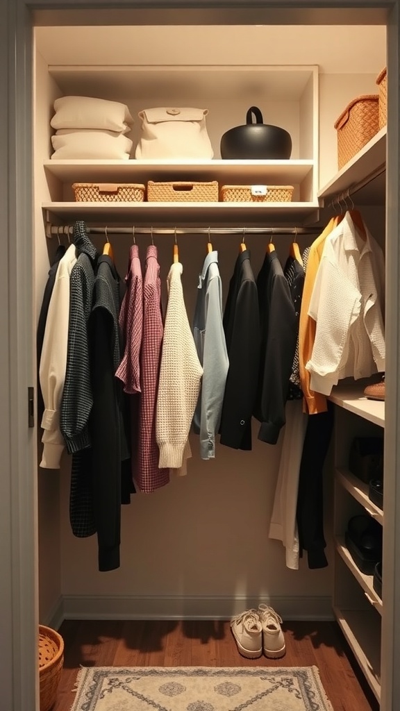 A well-organized closet with a pull-down hanging rod, showcasing neatly hung clothes and storage baskets.