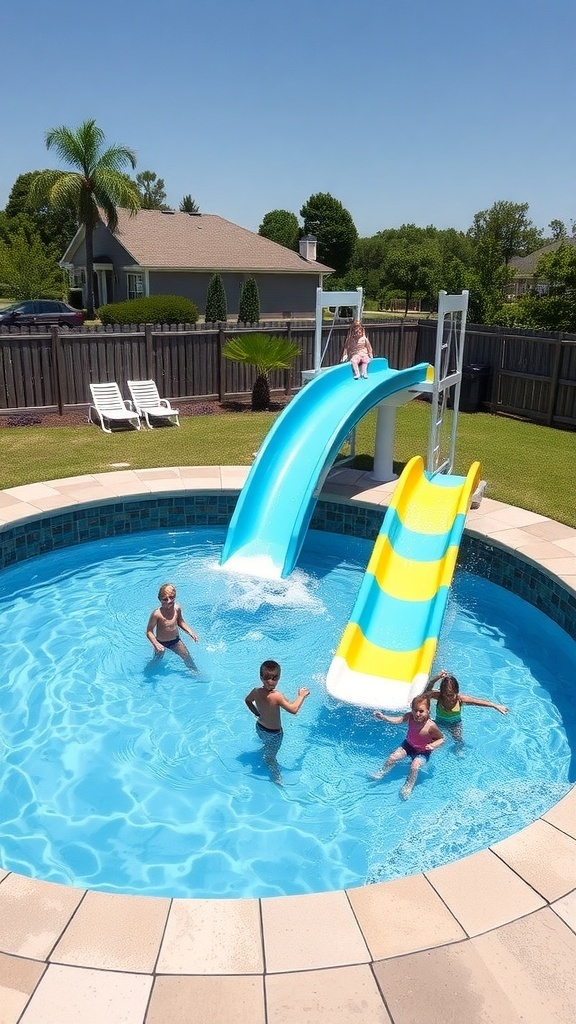 A sunken above ground pool with a slide, surrounded by trees and family enjoying the water.