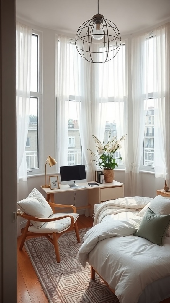 A cozy small bedroom featuring a desk by the window, a chair, and a potted plant.