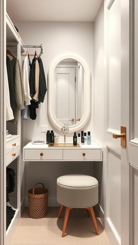 A small vanity area in a closet with a round mirror, a white table, and a stool.