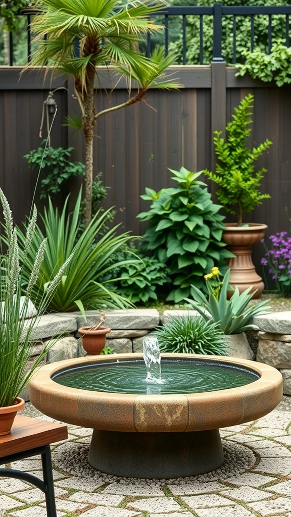A small fountain surrounded by lush plants in a cozy garden setting.
