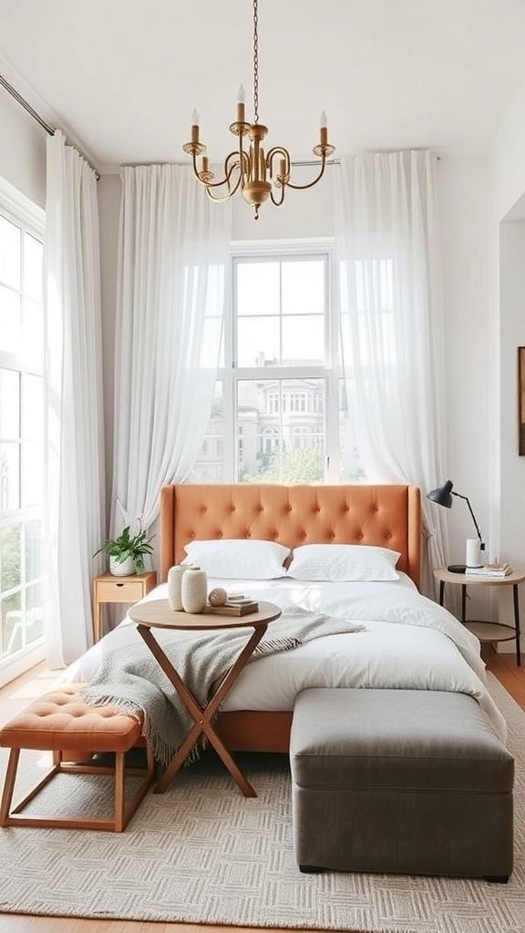 A cozy small bedroom featuring a tufted orange headboard, white bedding, and natural light.
