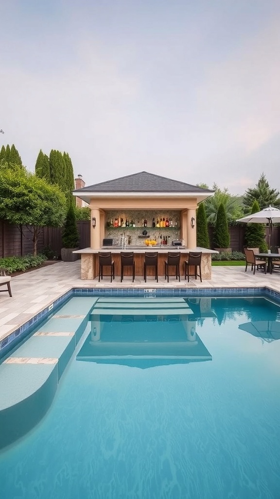 A luxurious swim-up bar next to a sunken above ground pool, featuring stylish seating and a well-stocked bar area.