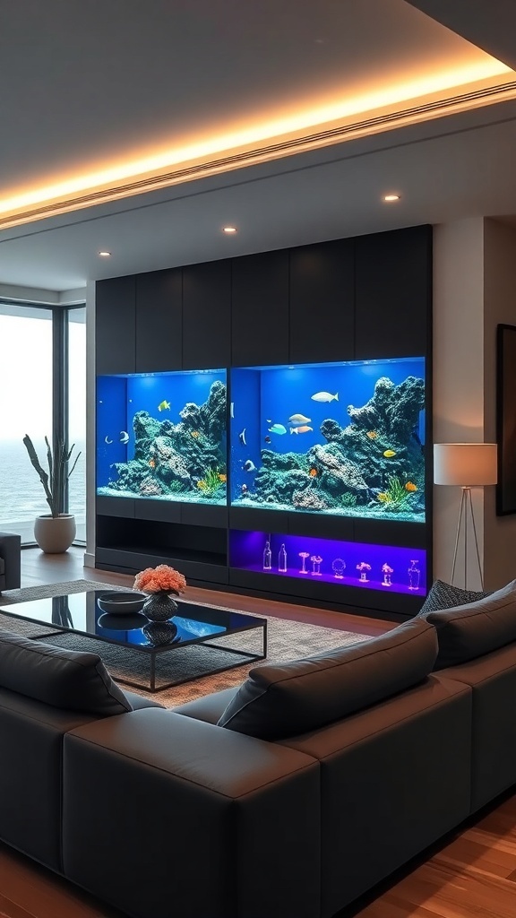 A stylish wall-mounted aquarium setup featuring two large tanks with colorful fish and coral, integrated into a modern black cabinet.