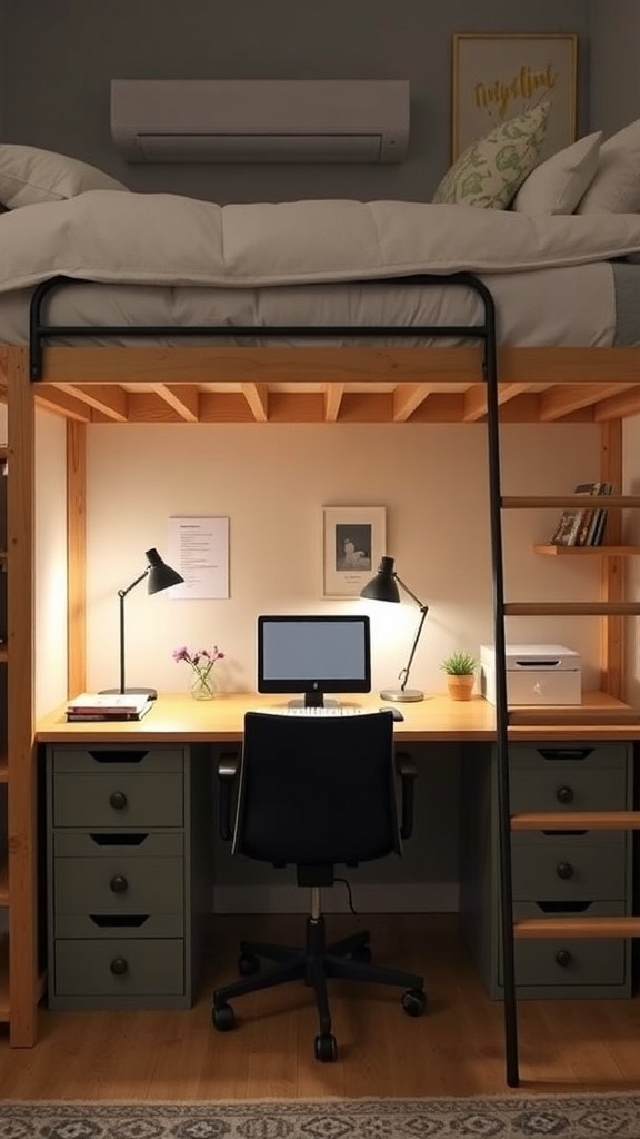 A cozy workspace under a loft bed featuring a wooden desk, black chair, and stylish lamps.