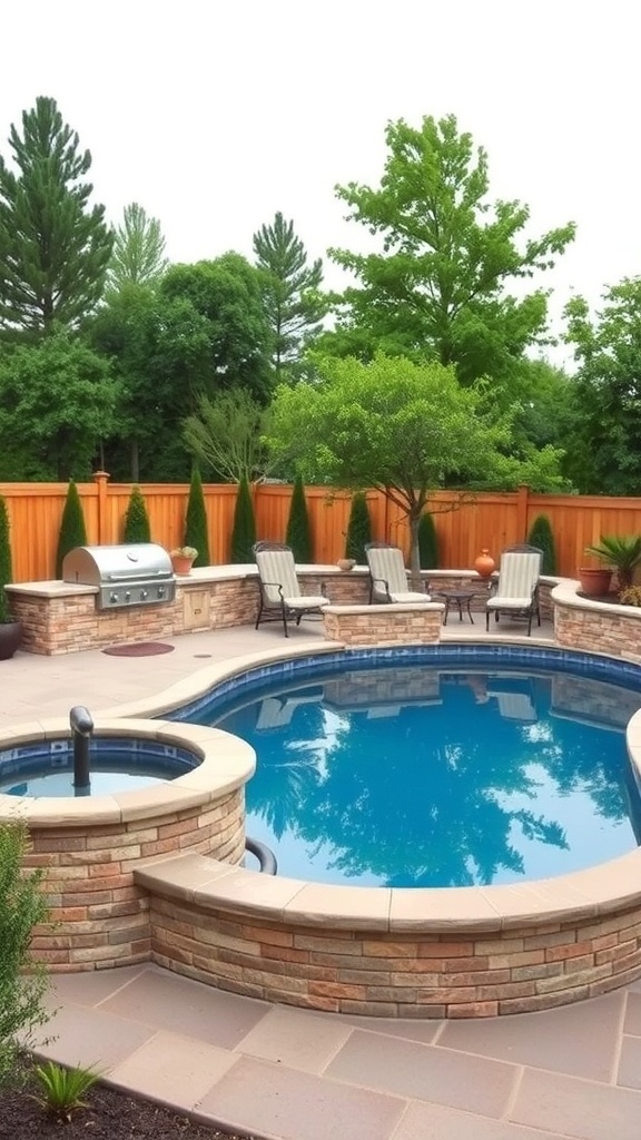 A sunken above ground pool surrounded by an outdoor kitchen and seating area.