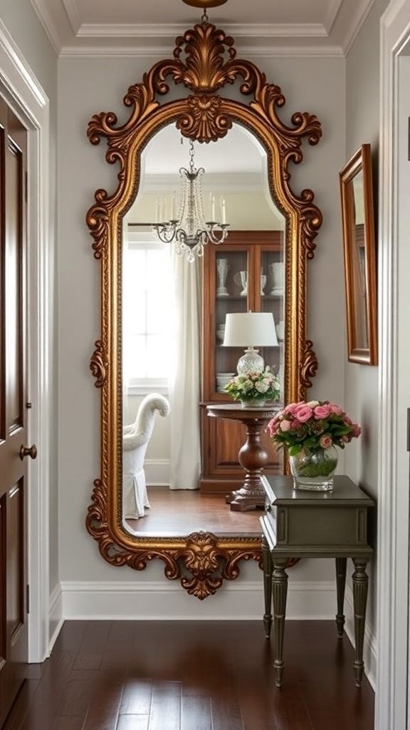 An ornate antique mirror with a gold frame, reflecting a cozy hallway with a small table and flowers.