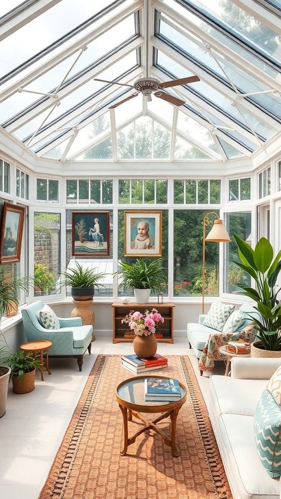 A bright conservatory featuring large glass windows, framed artwork on the walls, comfortable seating, and decorative plants.