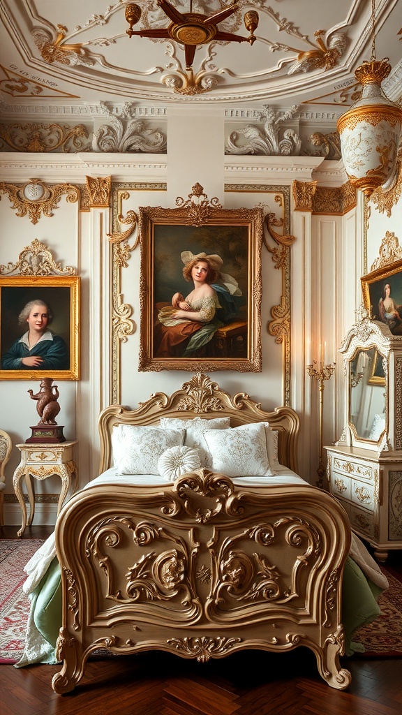 A Rococo bedroom featuring ornate furniture, intricate ceiling designs, and classic paintings.