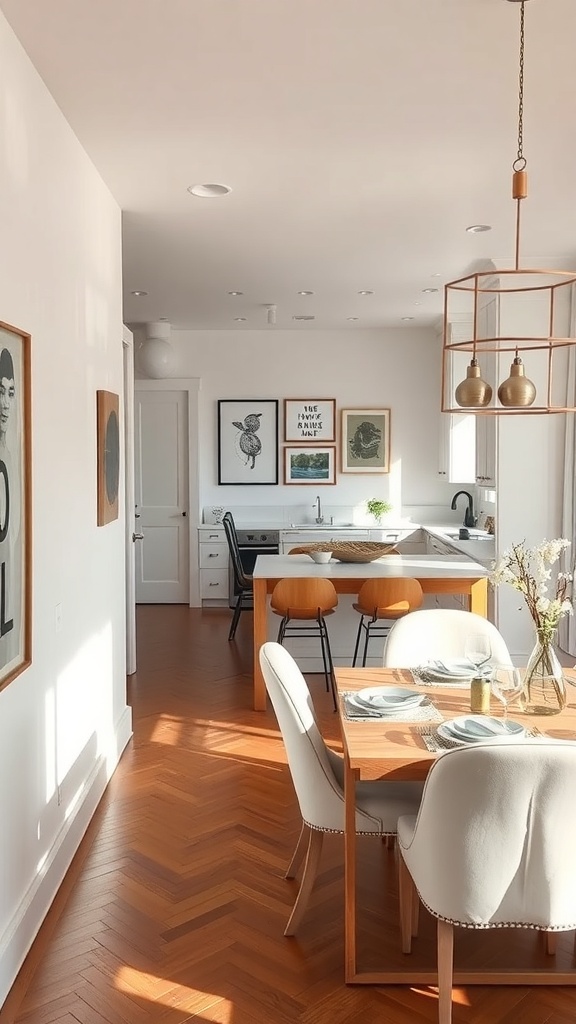 A chic kitchen and dining area featuring artwork on the walls, modern furniture, and natural lighting.