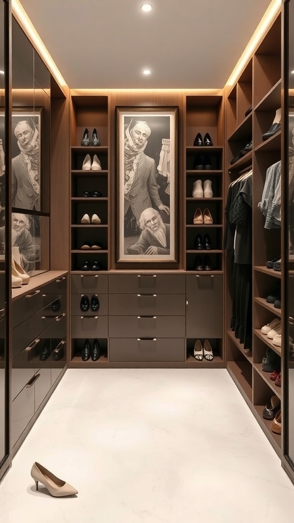 A stylish walk-in closet featuring in-wall shoe storage and a prominent piece of artwork.