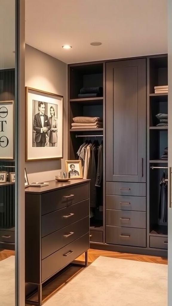 A stylish walk-in closet featuring a framed black-and-white photograph on the wall, showcasing organized shelves and a modern dresser.