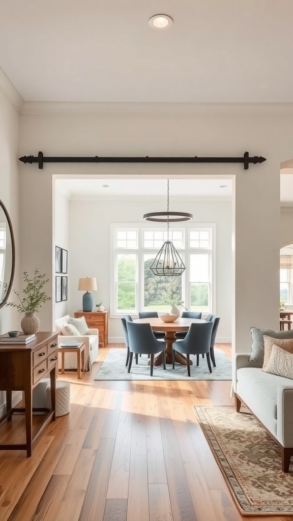 A cozy dining area featuring a barn door track above a table and chairs, with warm wooden floors and light walls.