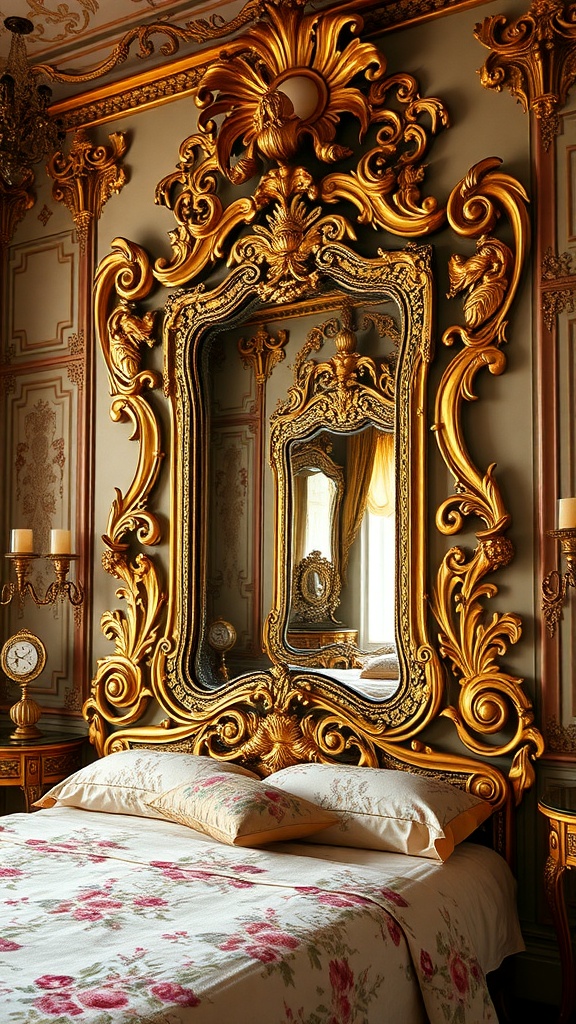 A luxurious Rococo bedroom featuring an ornate Baroque mirror with golden accents above a beautifully styled bed.