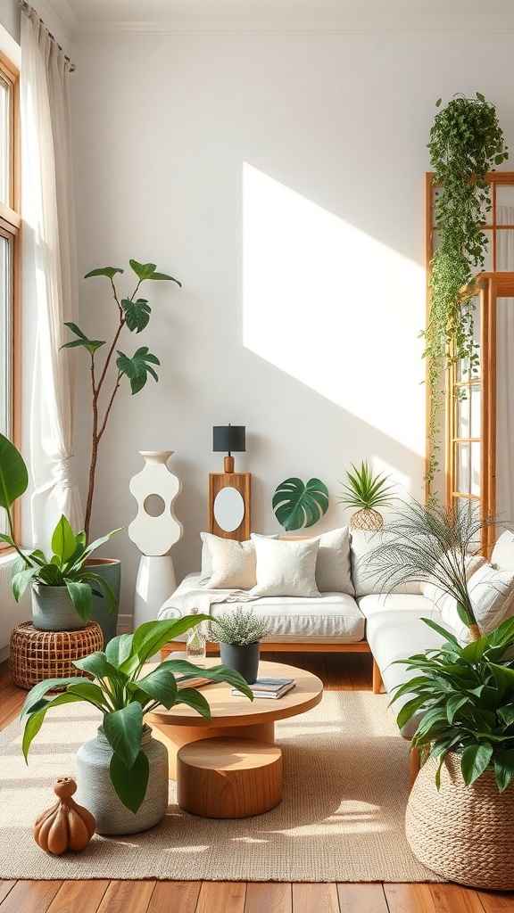 A bright living room featuring various indoor plants, natural wood furniture, and soft textiles, embodying biophilic design principles.
