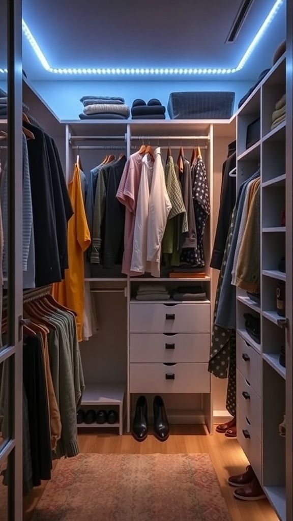 A well-organized walk-in closet featuring built-in LED lighting, showcasing neatly hung clothes and shelves.
