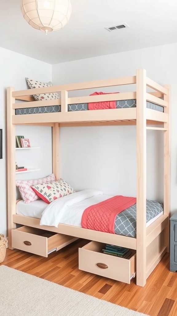 A stylish loft bed with built-in storage drawers underneath and side shelves, featuring colorful bedding and a warm wood finish.