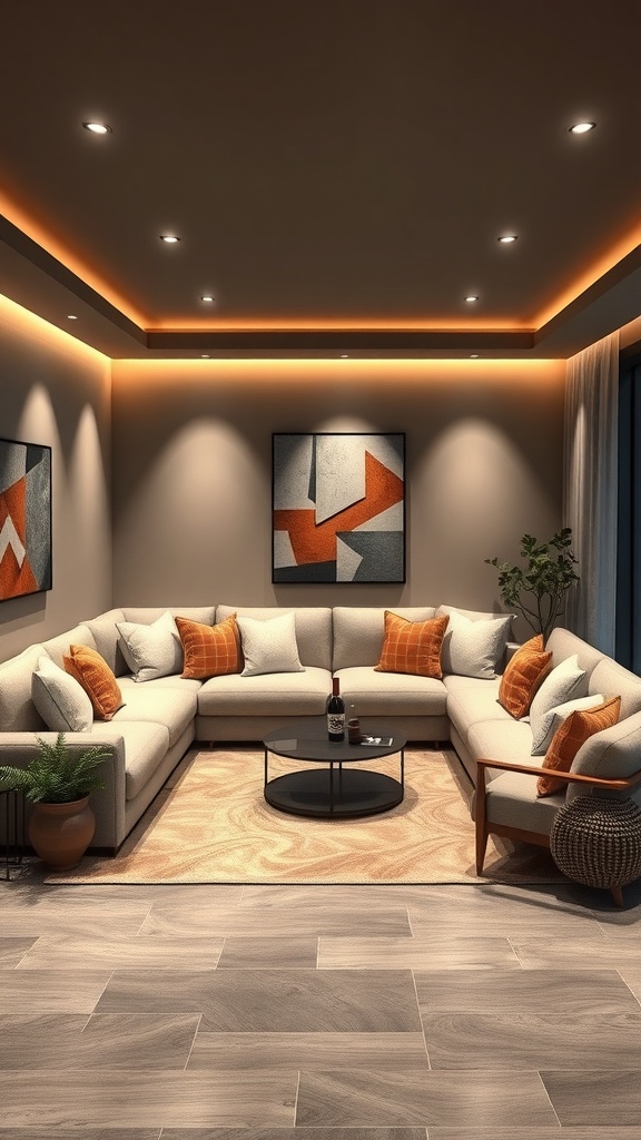 Modern sunken couch area with neutral tones and orange accents