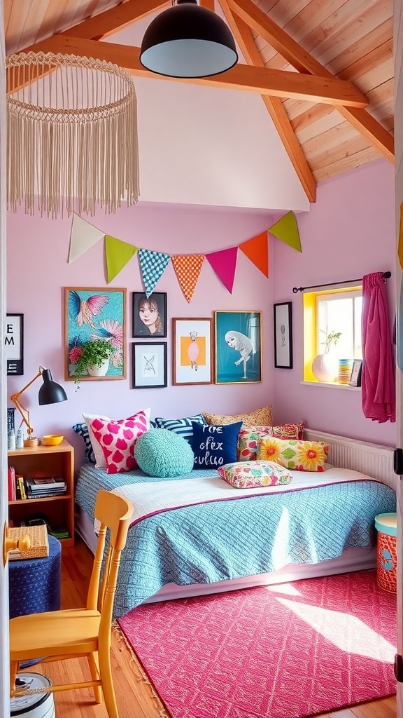 A colorful loft bed room featuring light purple walls, vibrant decor, and a cozy reading nook.