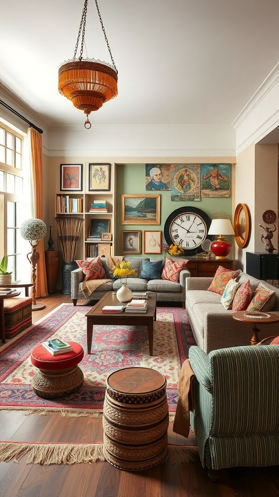 A cozy boho living room featuring cultural artifacts, vibrant wall art, and eclectic furniture.