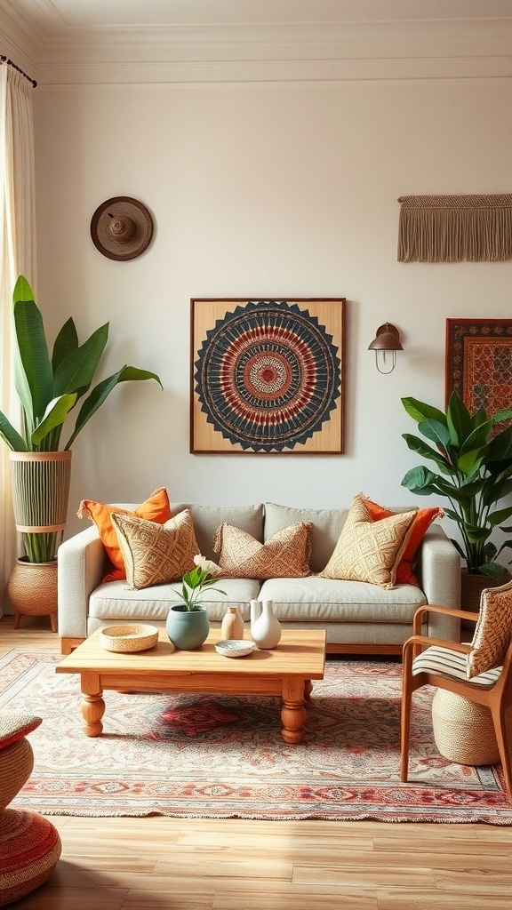 A cozy living room featuring a light sofa with colorful pillows, a wooden coffee table, and plants, showcasing boho and eclectic styles.