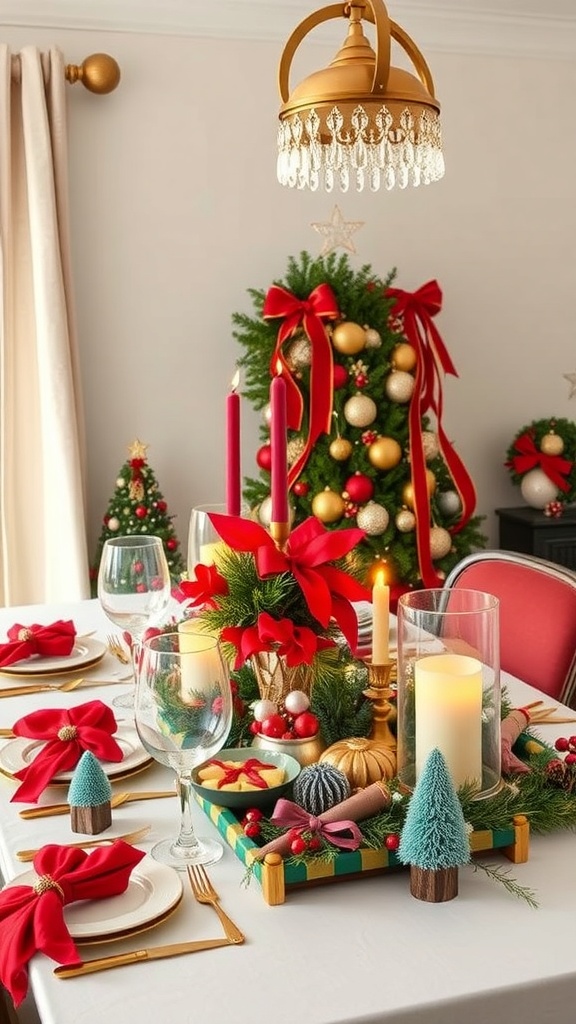 A festive holiday table setting with red bows, candles, and a decorated Christmas tree in the background.