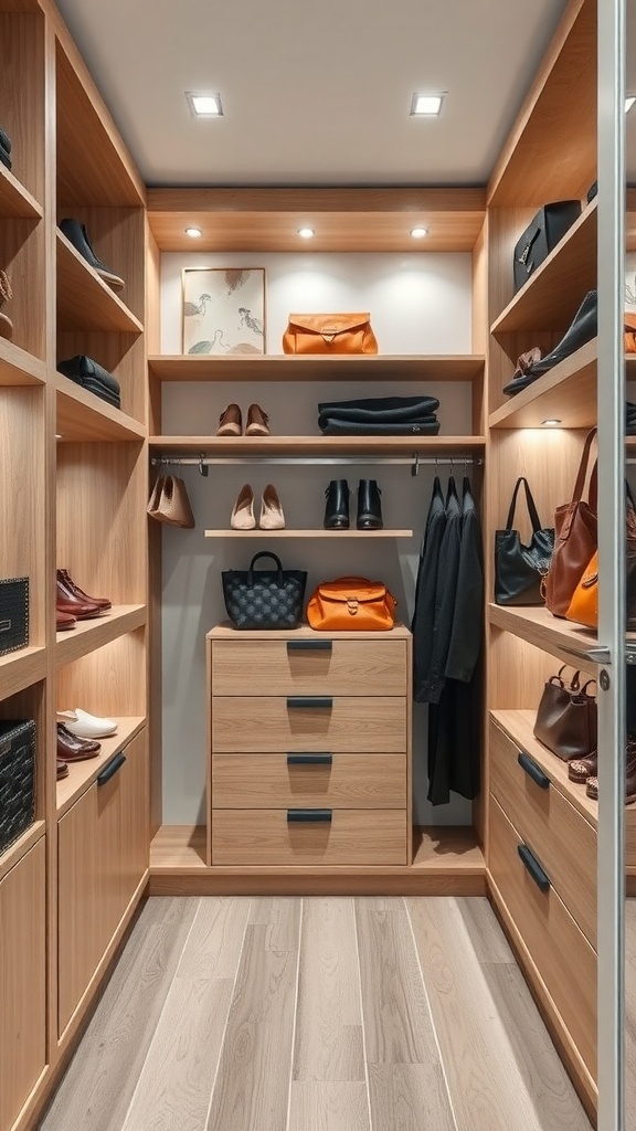 A walk-in closet featuring custom wooden shelving, organized shoes, bags, and clothing.