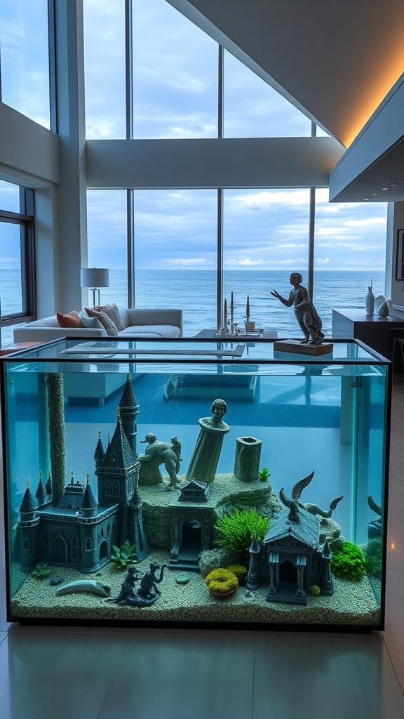 A stylish aquarium resembling a castle, filled with decorative elements, placed in a modern living room with large windows and ocean views.