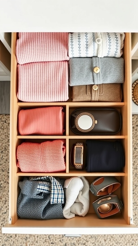 Organized drawer with dividers holding folded clothes and accessories.