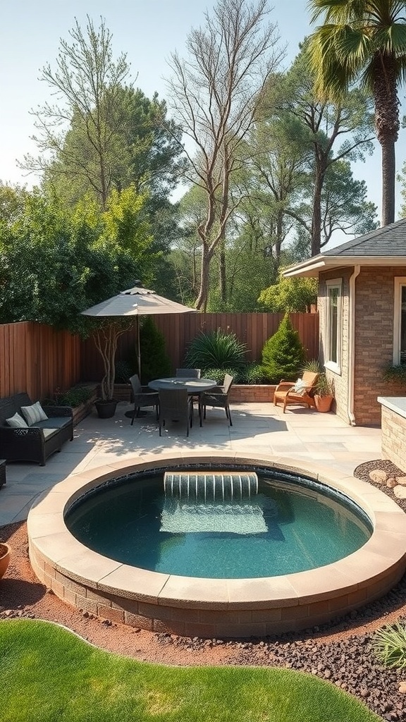 A serene backyard featuring a sunken above ground pool surrounded by greenery and a cozy seating area.