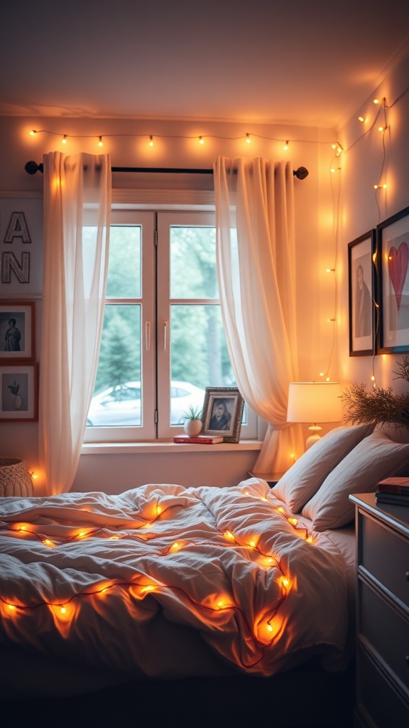 A cozy bedroom with fairy lights draped around the window and bed, creating a warm and inviting atmosphere.