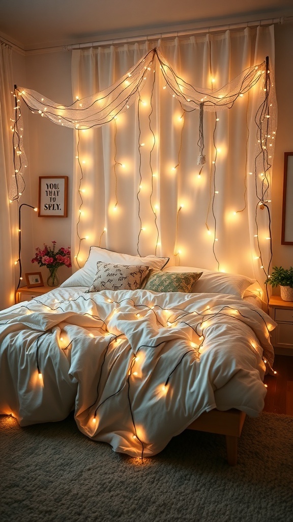 A cozy bedroom with fairy lights draped over the bed and walls, creating a warm and inviting atmosphere.
