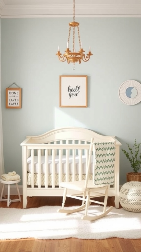 A cozy nursery with a crib, rocking chair, and family heirlooms.
