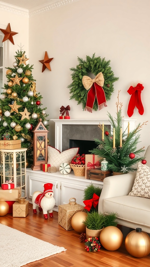 A festive living room decorated for Christmas with a tree, wreath, and gifts.
