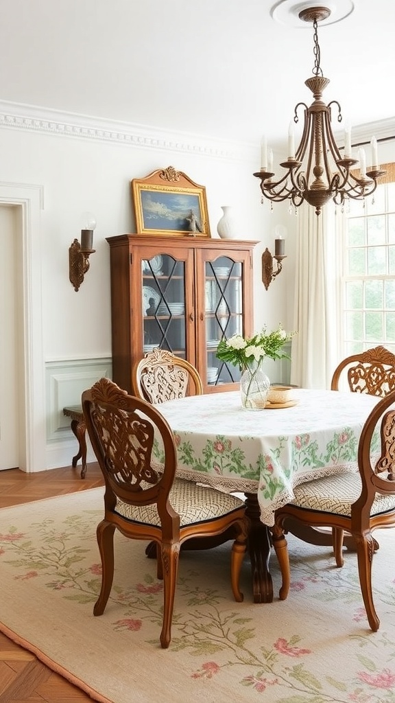 A cozy dining area featuring a floral tablecloth, wooden chairs, and a rug with floral motifs.