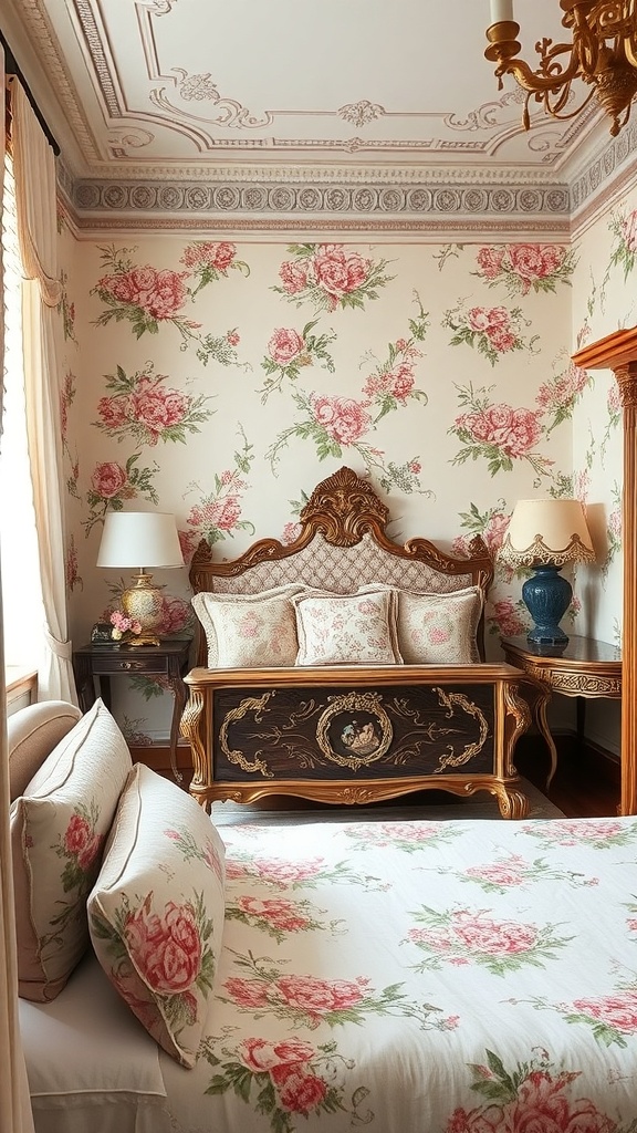 A Rococo bedroom featuring floral wallpaper and bedding with pink roses, elegant furniture, and soft lighting.