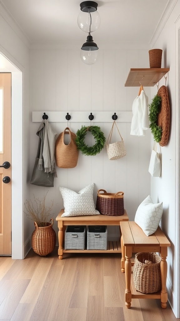 A modern farmhouse entryway featuring a wooden bench, wall hooks, and decorative baskets.