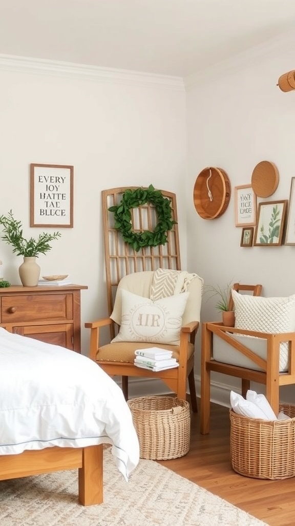 A cozy minimalist farmhouse bedroom with wooden furniture and stylish storage solutions.
